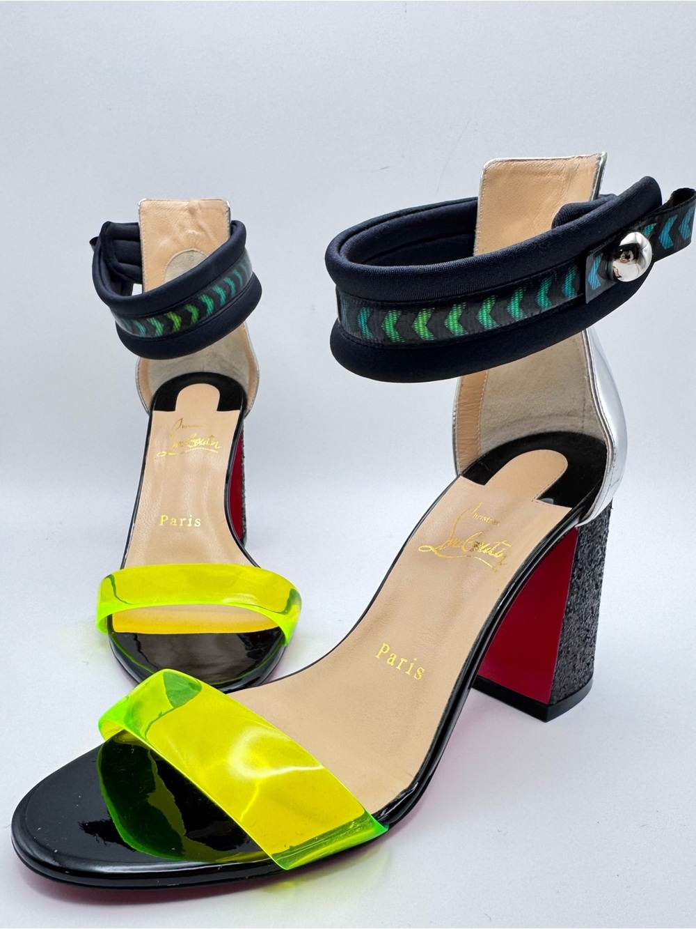 Christian Louboutin Tennis Elbow 85 PVC Neon Yellow Silver Sandals EU 37.5